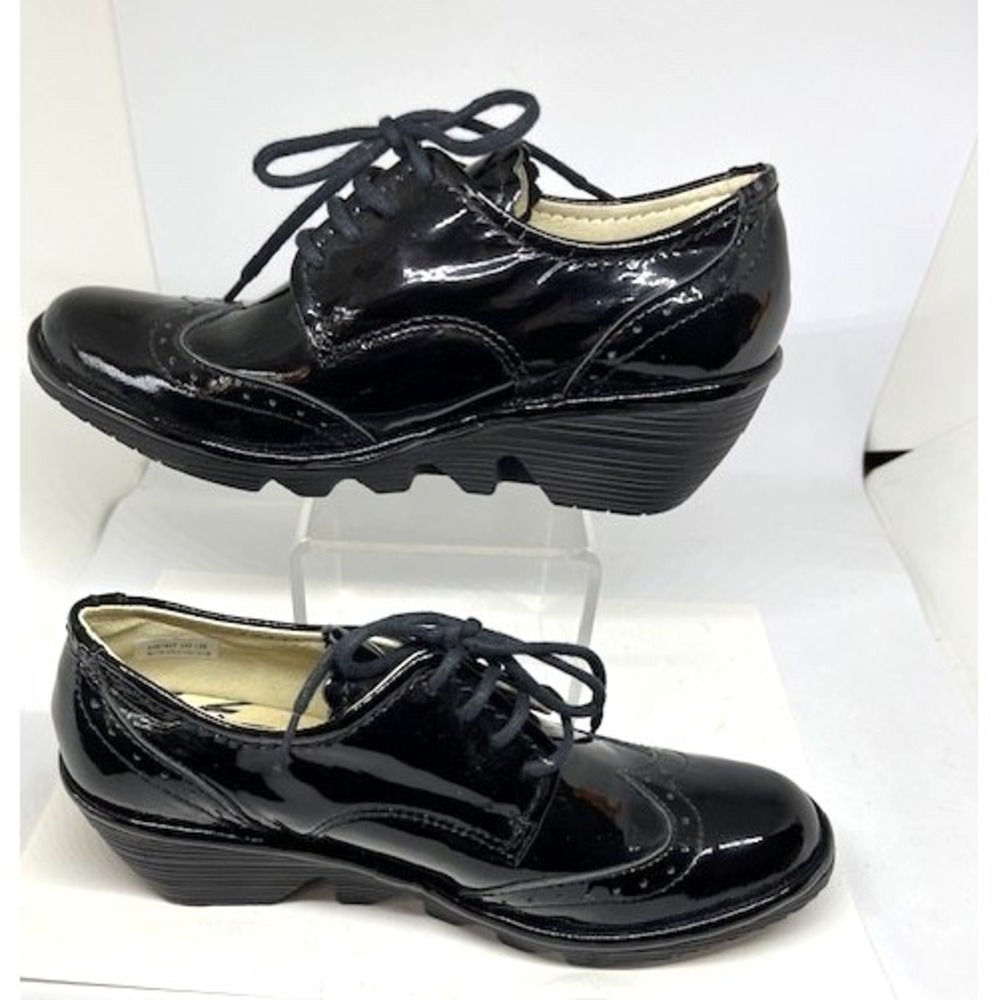 FLY London Leather Wedge Lace-up Shoes Palt Black Patent NEW Size 36